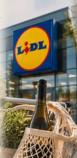 Butelka białego wina w siatkowej torbie na wózku sklepowym przed sklepem Lidl