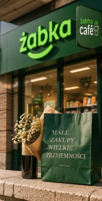 Butelka wina, bukiet kwiatów i zielona torba „Małe zakupy, wielkie przyjemności” przed sklepem Żabka